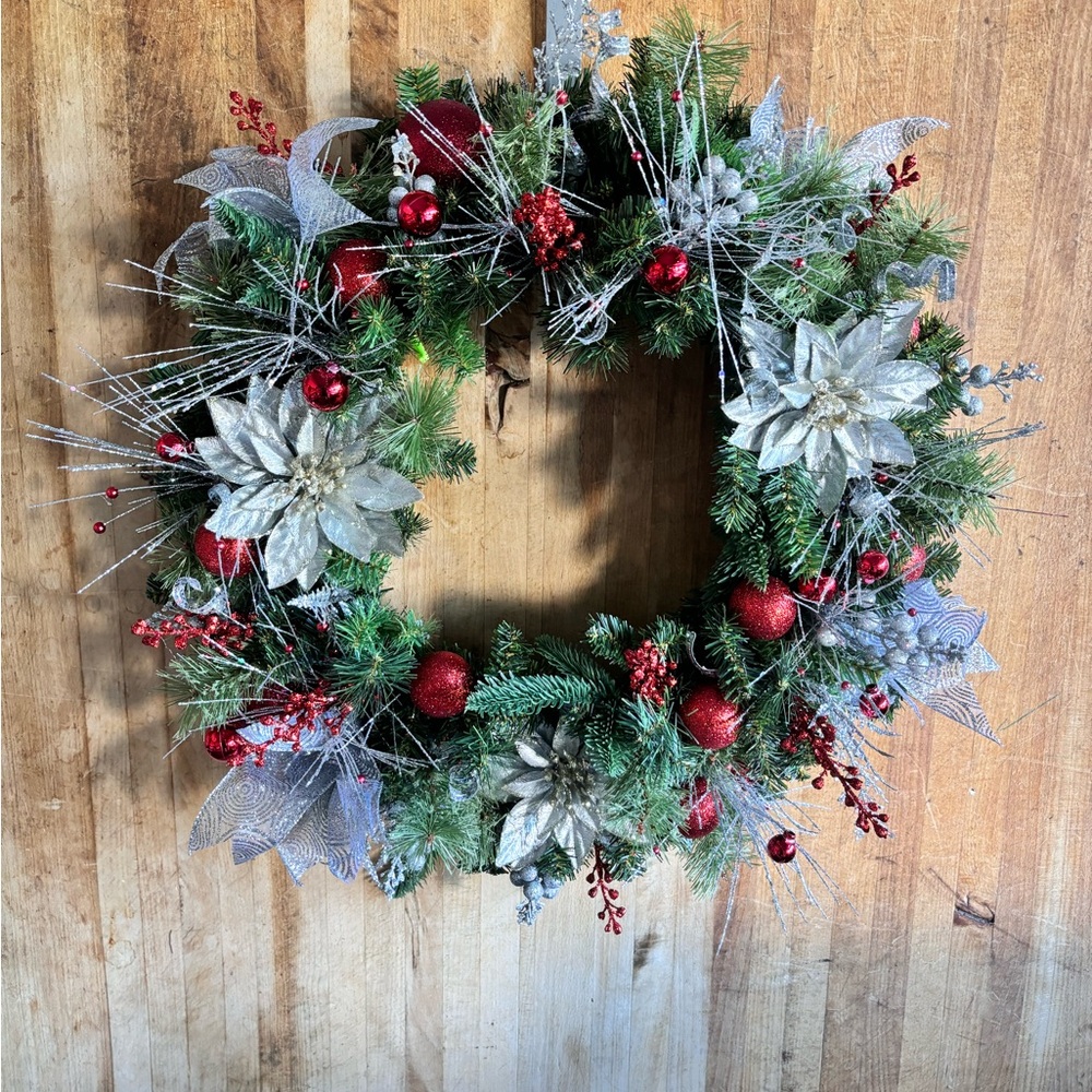 *HOMEMADE*Christmas Wreath - Elegant Red Poinsettia Design, Holiday Door Decor